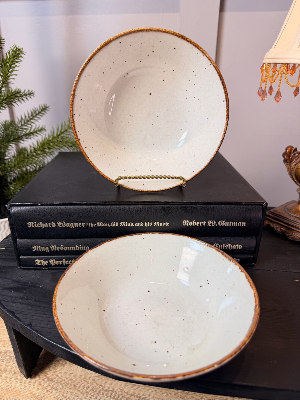 J G Meakin Lifestyle Speckled White Ceramic Bowls with Rustic Brown Rim set of 2